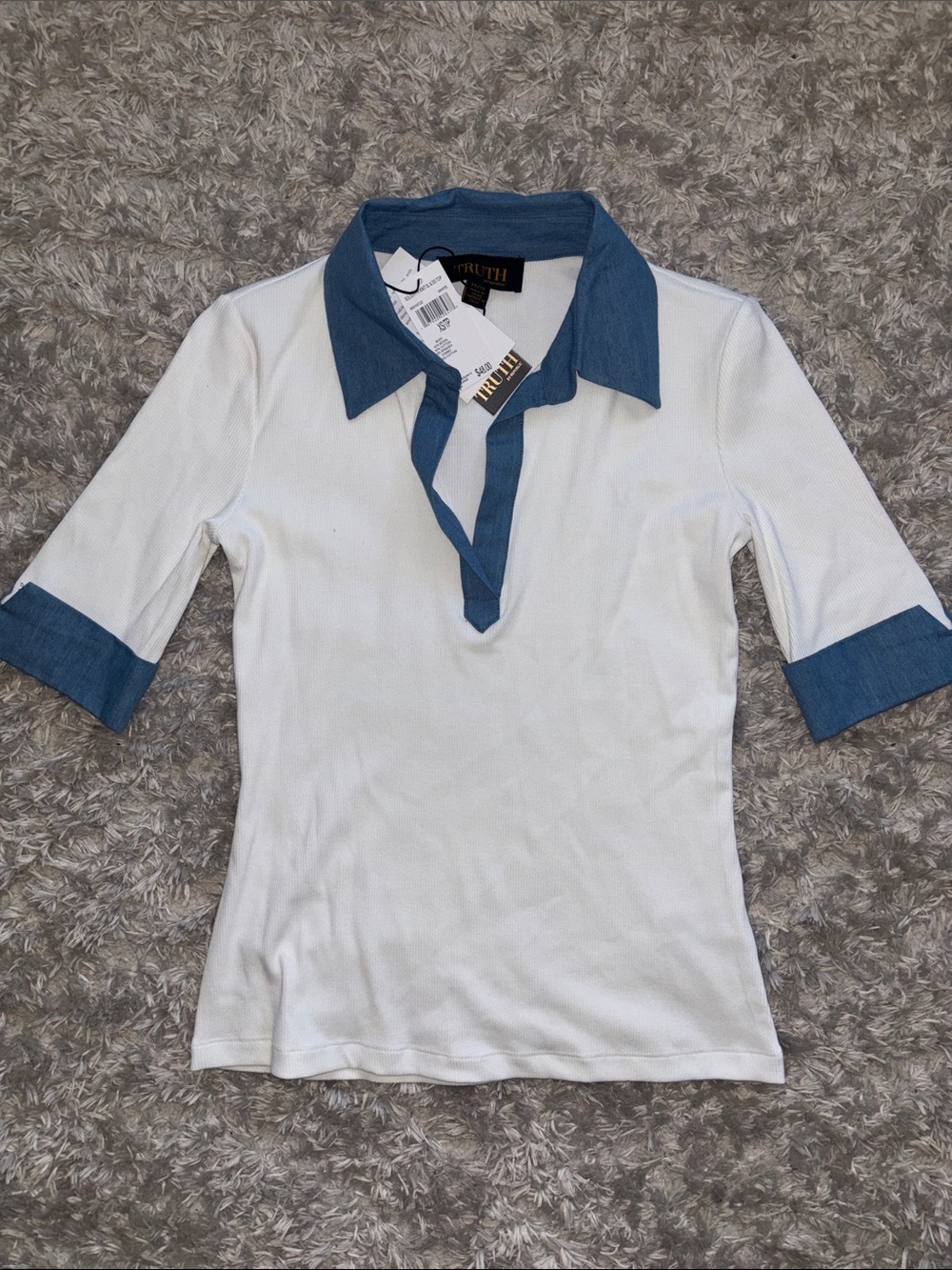 Truth White Top with Blue Collar & Cuff Trim